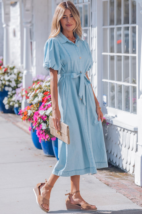 Collared Button Down Bubble Sleeve Western Denim Midi Dress