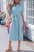 Collared Button Down Bubble Sleeve Western Denim Midi Dress