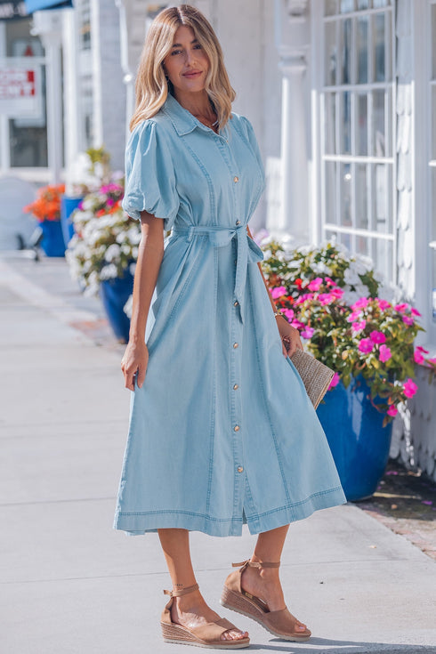 Collared Button Down Bubble Sleeve Western Denim Midi Dress