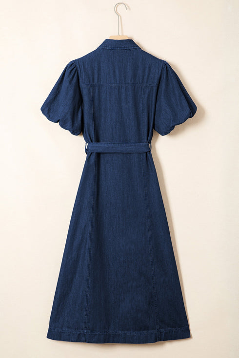 Collared Button Down Bubble Sleeve Western Denim Midi Dress