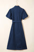 Collared Button Down Bubble Sleeve Western Denim Midi Dress