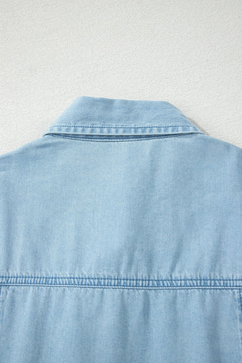 Collared Button Down Bubble Sleeve Western Denim Midi Dress