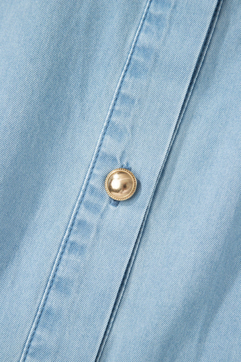 Collared Button Down Bubble Sleeve Western Denim Midi Dress