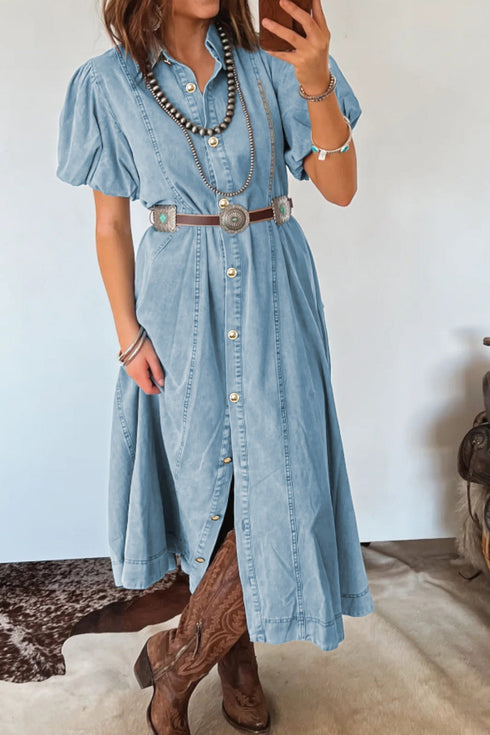 Collared Button Down Bubble Sleeve Western Denim Midi Dress