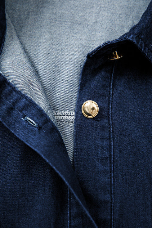 Collared Button Down Bubble Sleeve Western Denim Midi Dress