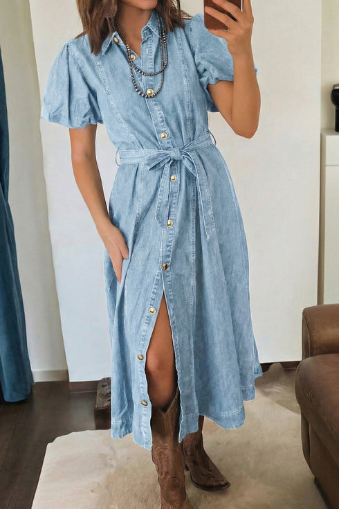 Collared Button Down Bubble Sleeve Western Denim Midi Dress
