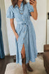 Collared Button Down Bubble Sleeve Western Denim Midi Dress