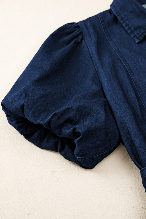 Collared Button Down Bubble Sleeve Western Denim Midi Dress