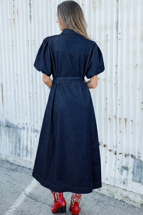 Collared Button Down Bubble Sleeve Western Denim Midi Dress