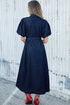 Collared Button Down Bubble Sleeve Western Denim Midi Dress