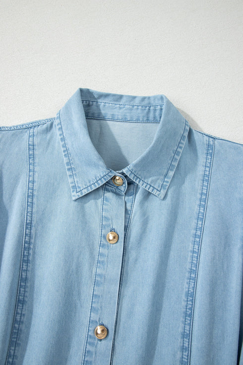 Collared Button Down Bubble Sleeve Western Denim Midi Dress
