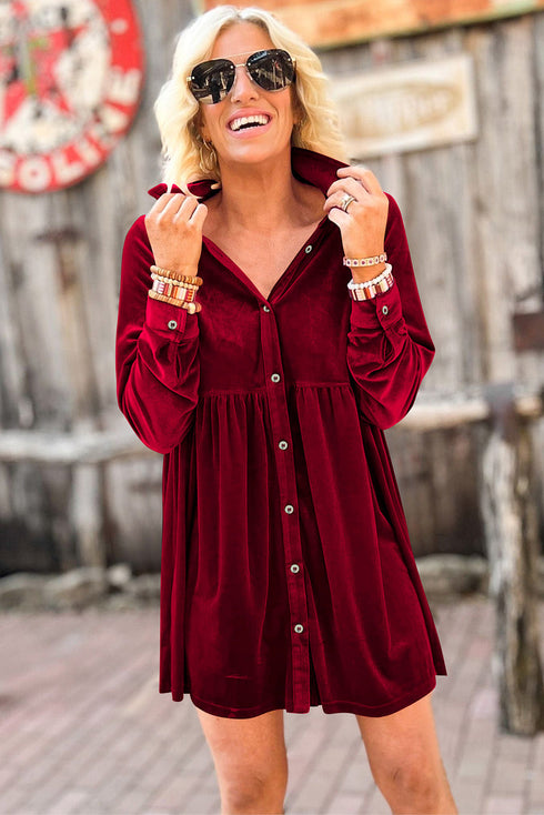 Collared Button Front Long Sleeve Velvet Shirt Dress