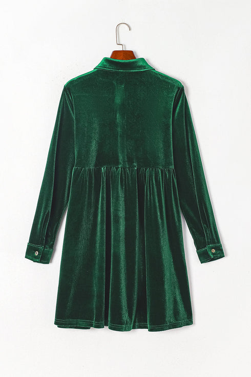 Collared Button Front Long Sleeve Velvet Shirt Dress