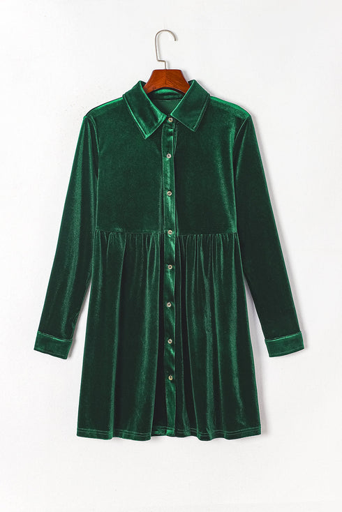 Collared Button Front Long Sleeve Velvet Shirt Dress