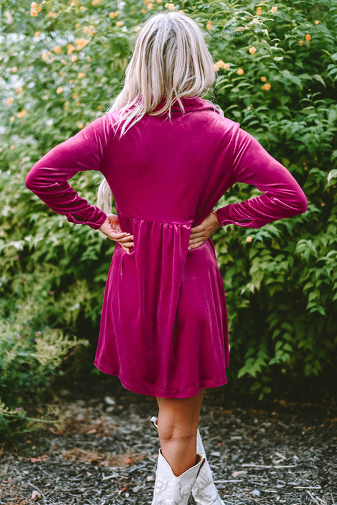 Collared Button Front Long Sleeve Velvet Shirt Dress