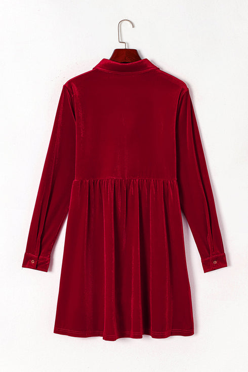 Collared Button Front Long Sleeve Velvet Shirt Dress