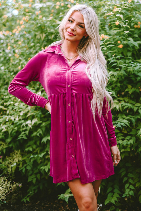 Collared Button Front Long Sleeve Velvet Shirt Dress