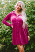 Collared Button Front Long Sleeve Velvet Shirt Dress