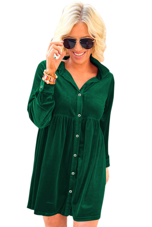 Collared Button Front Long Sleeve Velvet Shirt Dress