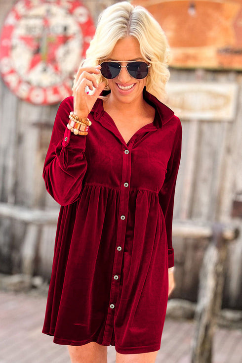 Collared Button Front Long Sleeve Velvet Shirt Dress