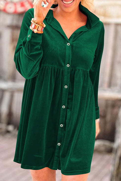 Collared Button Front Long Sleeve Velvet Shirt Dress