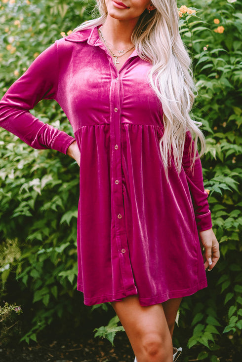 Collared Button Front Long Sleeve Velvet Shirt Dress