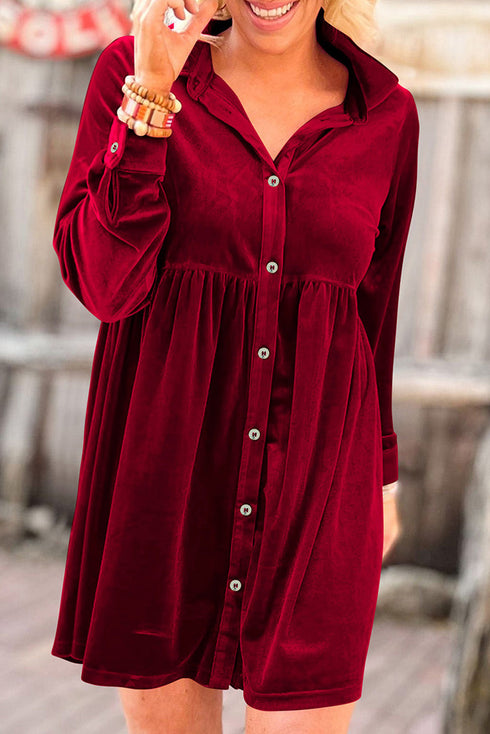 Collared Button Front Long Sleeve Velvet Shirt Dress