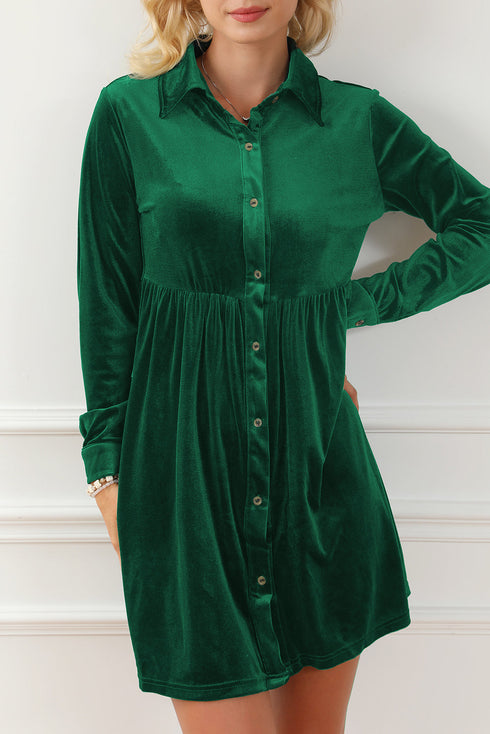 Collared Button Front Long Sleeve Velvet Shirt Dress