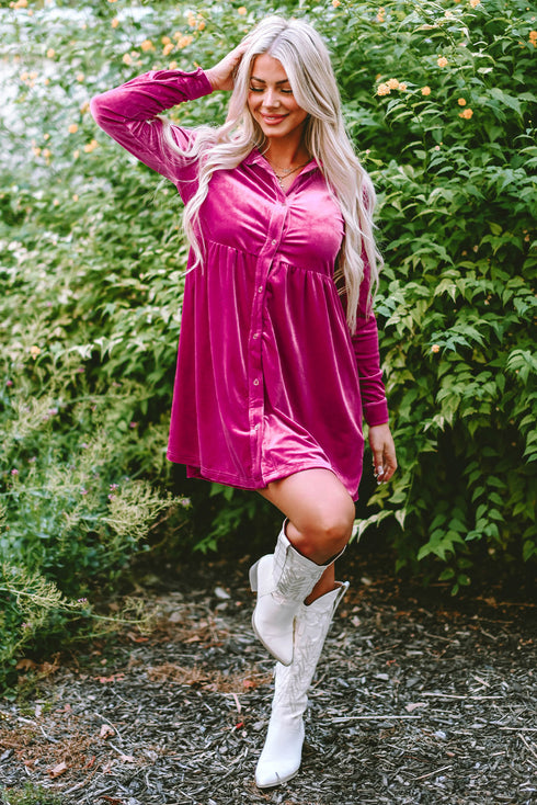 Collared Button Front Long Sleeve Velvet Shirt Dress