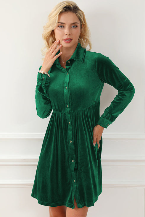 Collared Button Front Long Sleeve Velvet Shirt Dress