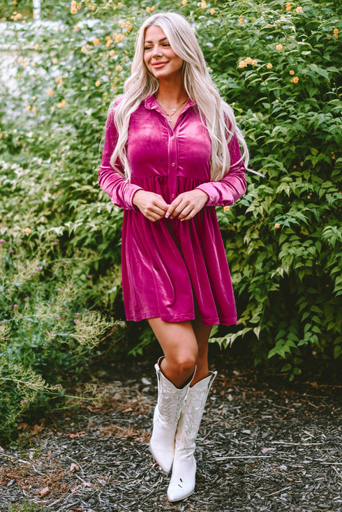 Collared Button Front Long Sleeve Velvet Shirt Dress