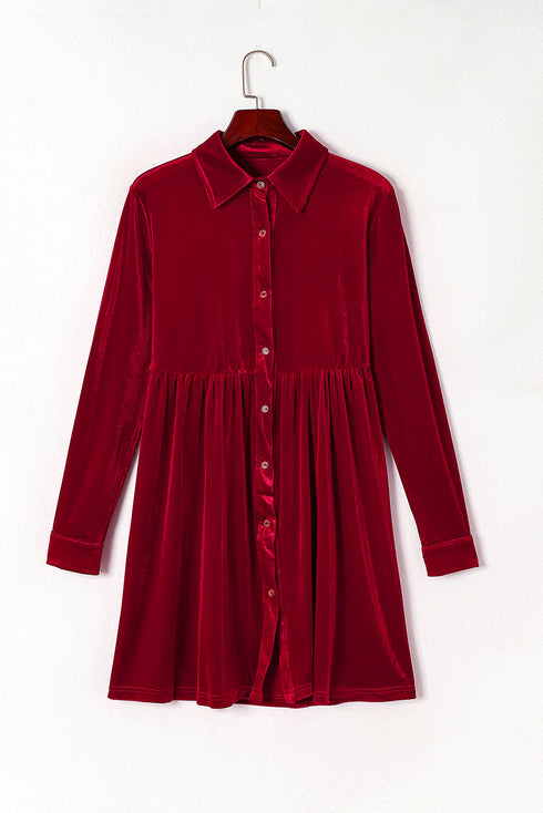 Collared Button Front Long Sleeve Velvet Shirt Dress
