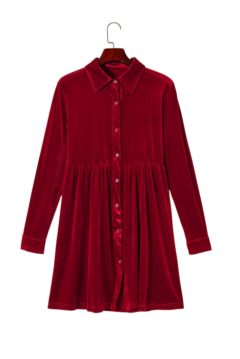Collared Button Front Long Sleeve Velvet Shirt Dress