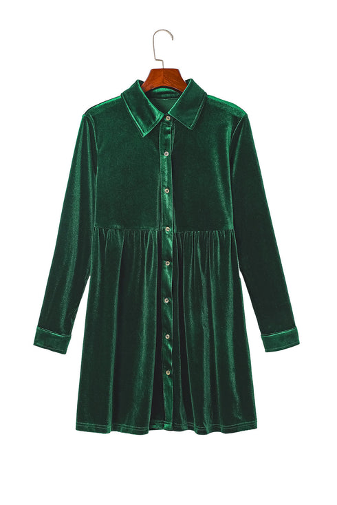 Collared Button Front Long Sleeve Velvet Shirt Dress