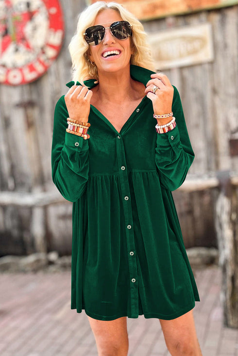 Collared Button Front Long Sleeve Velvet Shirt Dress