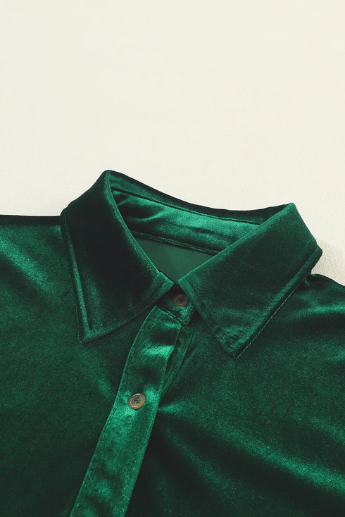 Collared Button Front Long Sleeve Velvet Shirt Dress