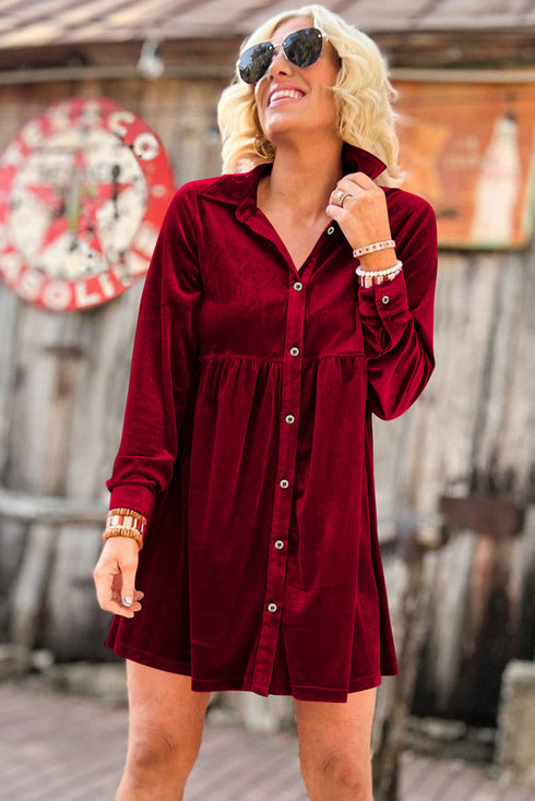 Collared Button Front Long Sleeve Velvet Shirt Dress