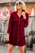 Collared Button Front Long Sleeve Velvet Shirt Dress
