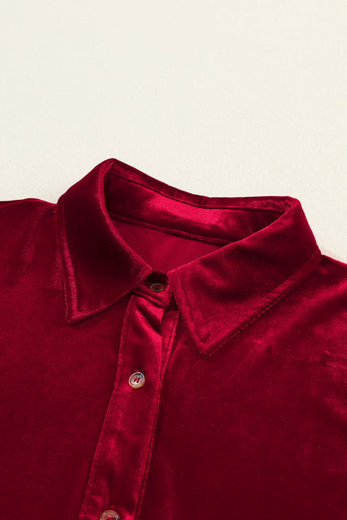 Collared Button Front Long Sleeve Velvet Shirt Dress