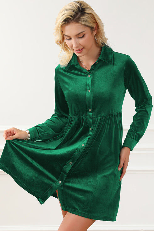 Collared Button Front Long Sleeve Velvet Shirt Dress