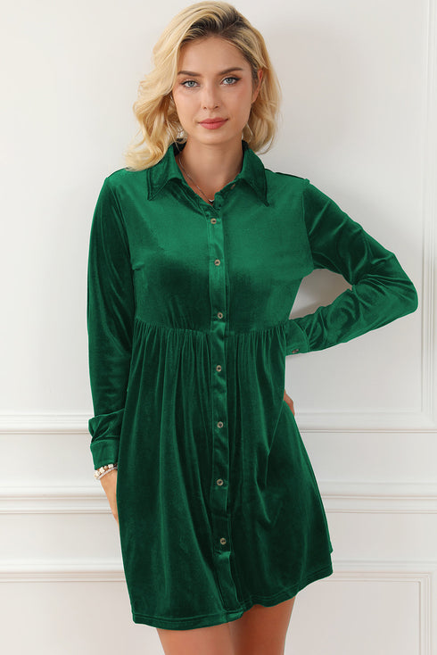 Collared Button Front Long Sleeve Velvet Shirt Dress