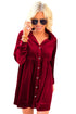 Collared Button Front Long Sleeve Velvet Shirt Dress