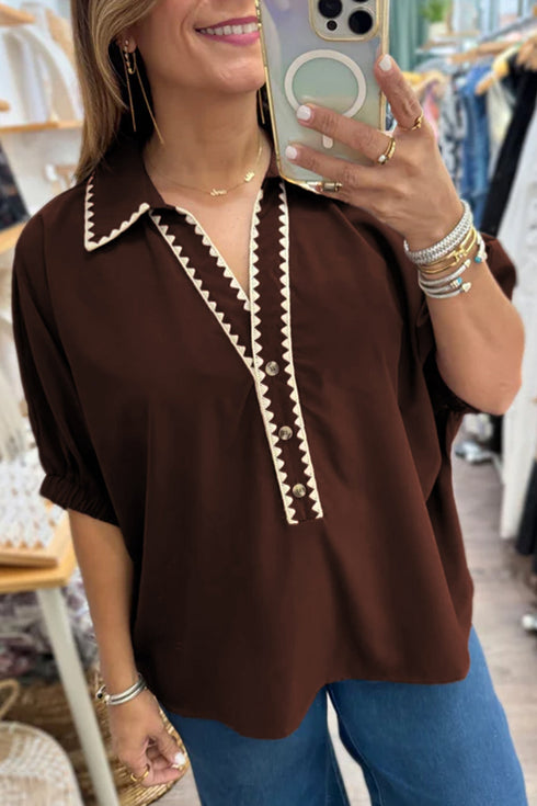 Collared Button V Neck Rick Rack Trim Blouse