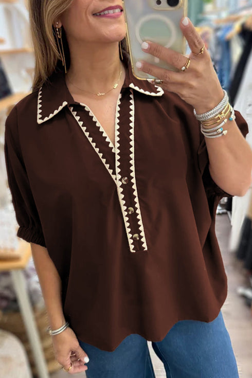 Collared Button V Neck Rick Rack Trim Blouse