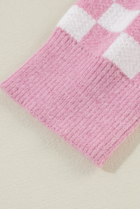 Collared Checkerboard Knit Button Placket Pullover Sweater