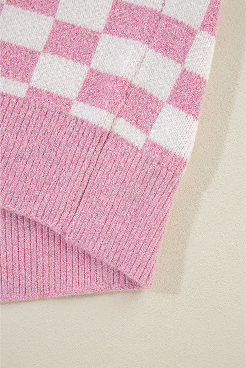 Collared Checkerboard Knit Button Placket Pullover Sweater