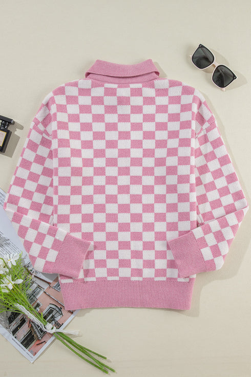 Collared Checkerboard Knit Button Placket Pullover Sweater