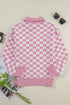 Collared Checkerboard Knit Button Placket Pullover Sweater