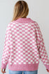 Collared Checkerboard Knit Button Placket Pullover Sweater