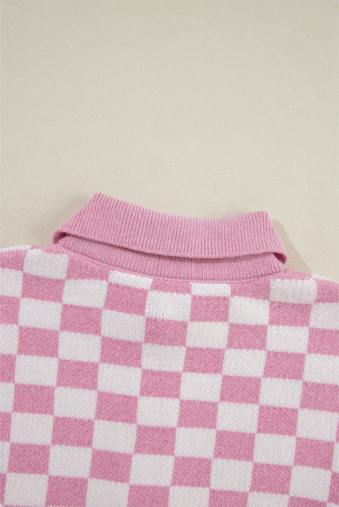 Collared Checkerboard Knit Button Placket Pullover Sweater